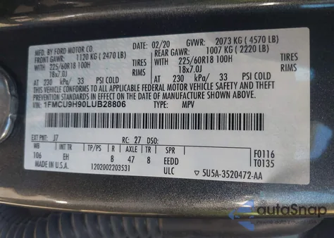 2020 Ford Escape Sel из США, поврежденный, VIN 1FMCU9H90LUB28806